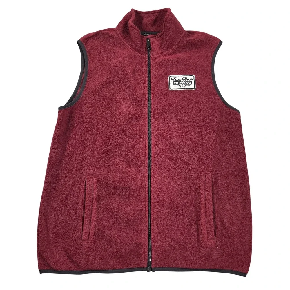 True Religion Vest Mens Medium Red Fleece Full Zip Logo Pockets Outdoor